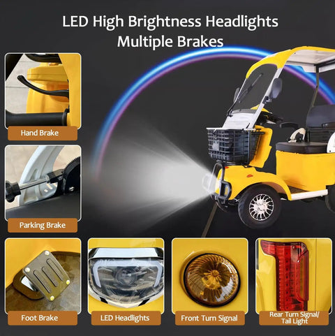Detailed view showcasing LED headlights and brakes of No Sweat Electric Mobility Scooter For Adults And Seniors With 28 Mile Range And 12 Mph Top Speed Hella Tough Frame For Beach Cruises Or Farm Adventures Ready To Roll Includes Quick Charger In Vivid Red.