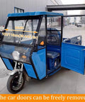 Ride-Ready Electric Cargo Tricycle Canopy With Heavy-Duty Three-Wheel Cover, Manual Wipers And Side Doors, All-Season Tarpaulin For Trikes And Electric Cargo Bikes, Weatherproof Gray 100cm, blue trike with open side door