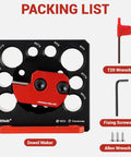 Rock Solid Aluminum Dowel Jig For Standard Power Drills Adjustable Eight Size Wood Dowel Cutter Kit with components laid out.