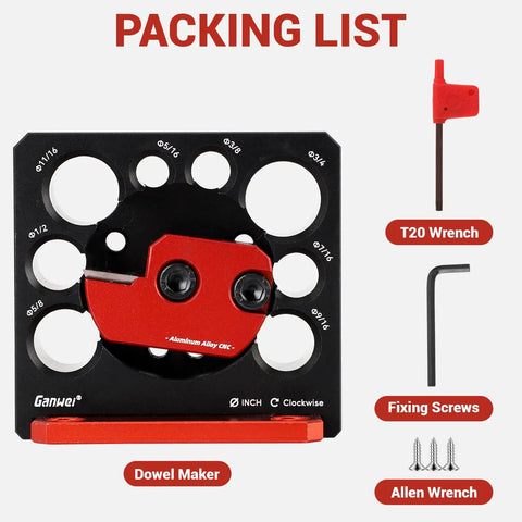 Rock Solid Aluminum Dowel Jig For Standard Power Drills Adjustable Eight Size Wood Dowel Cutter Kit with components laid out.