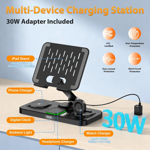 6 In 1 Wireless Charging Station For Apple Devices With Foldable Stand Clock Display And 7 Color Ambient Lights, side view.