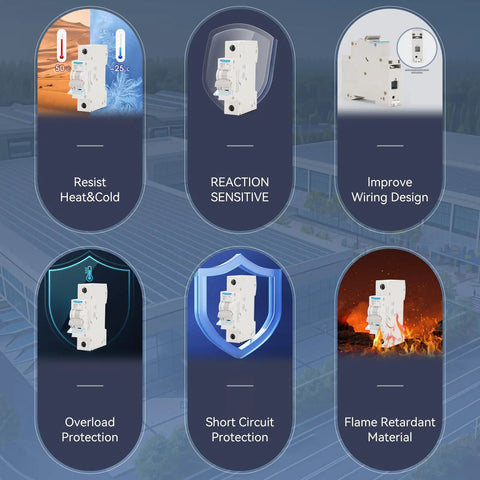 1 Pole 110-240V 6A Miniature Circuit Breaker, Thermal Magnetic Trip, 6KA Breaking Capacity, features and protection benefits