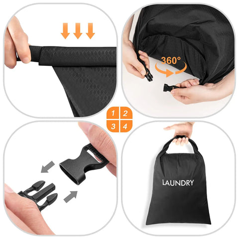 Steps for Two Pack Waterproof Travel Laundry Bags With Roll Top Seal For Wet Dry Separation And Odor Control, showing roll-top and buckle closure.
