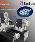 EssSthmy 60W Mini Metal Lathe 12000 RPM Desktop Woodworking Tool with high-power motor for precision crafting.