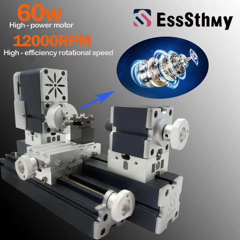 EssSthmy 60W Mini Metal Lathe 12000 RPM Desktop Woodworking Tool with high-power motor for precision crafting.