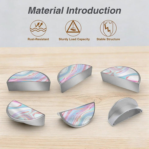 2 Pack Marble Pattern Cabinet Pulls In Brushed Nickel 3 Inch Hole Center Semicircle Drawer Handles on wooden surface