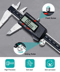 Digital Vernier Caliper With Stainless Steel Body For Precision Measuring 0 To 6 Inch And 0 To 150 mm Range shown with LCD screen and features
