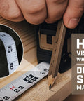Pro Grade Tape Measure With One And One Eighth Inch Double Sided Blade Military Grade MIL X Coated Case in use on wood surface
