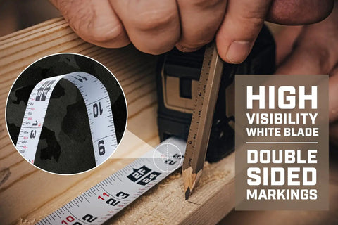 Rugged Tape Measure Set With 16 Foot and 25 Foot Measures, 1 1/8 Inch Blade, Double Sided White Markings in use on wood