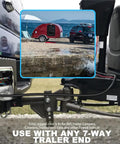 Straight Up Heavy Duty 6 Foot 7 Way Trailer Plug Cord With Sealed Junction Box connected to a camper at a scenic beach.