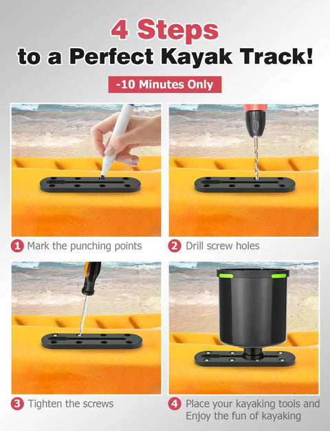4-step installation guide for 7 Inch Kayak Rail Mount Track For Low Profile Gear Onboard Includes Fishing Rod Holder Fish Finder Cup Holder And Anchor Cleats 2 Pack Built Tough For Easy Access While Out On The Water.