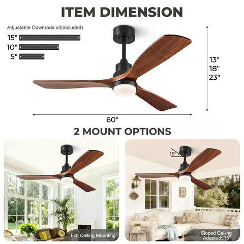 Item dimension and mounting options for 60 Inch Smart Ceiling Fan With Lights For Outdoor Patio And Covered Porch, Three Real Wood Blades In Dark Walnut, Alexa And Google Assistant Voice Control, App And Remote, Quiet DC Motor