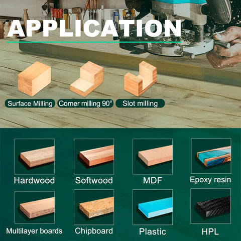 Pro Grade CNC Spoilboard Surfacing Router Bit With Four Wings Half Inch Shank One And A Half Inch Cutting Diameter Slab Flattening Bit For CNC Routers Anti Kickback And Heat Resistant Coating shown in application with milling options and materials like hardwood and plastic.