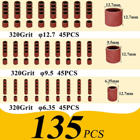 135 pieces of 320 grit abrasive sleeves in various sizes for Heavy Duty 142 Piece Sanding Drum Kit for Drill Dremel.