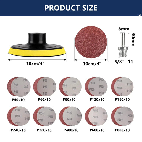 Product size details of 4 Inch Angle Grinder Sanding Discs Kit with Cushion Pads and Backing Pad, 100 Piece Adhesive Sandpaper Discs 40 to 800 Grit, Includes Drill Adapter, Pro Grade for Wood Metal Plastic Polishing and Smoothing.