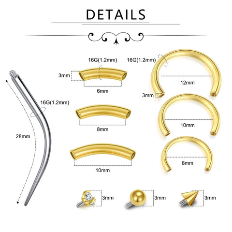 Rook Piercing Jewelry Kit 16G Taper Insertion Tool With Hypoallergenic Stainless Steel CZ Septum Rings sizes 8mm to 12mm Gold Bar