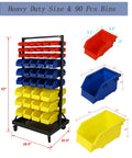 Dual-Sided 9-Tier Rolling Steel Bin Rack With 90 Plastic Bins On Wheels, Heavy-Duty Garage Storage Organizer with red, blue, yellow bins
