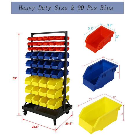 Dual-Sided 9-Tier Rolling Steel Bin Rack With 90 Plastic Bins On Wheels, Heavy-Duty Garage Storage Organizer with red, blue, yellow bins