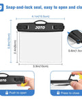Image showing measurements and snap-lock feature of the 2 Pack Waterproof Car Key Fob Case With Lanyard For Swimming And Surfing.