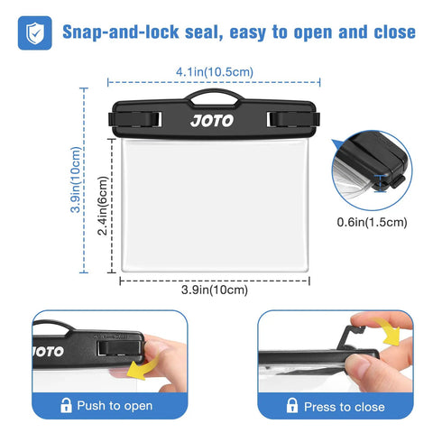 Image showing measurements and snap-lock feature of the 2 Pack Waterproof Car Key Fob Case With Lanyard For Swimming And Surfing.
