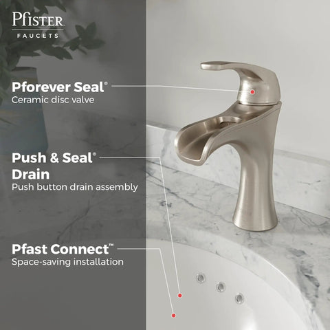 Single Handle Waterfall Bathroom Sink Faucet For Three Hole Vanity Install With Spot Defense Brushed Nickel Finish and Push And Seal Drain