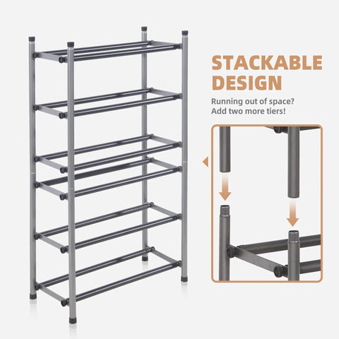 Expandable Four Tier Shoe Rack With Metal Construction Stackable And Adjustable From 17.7 To 32.3 Inches Holds Up To Sixteen Pairs