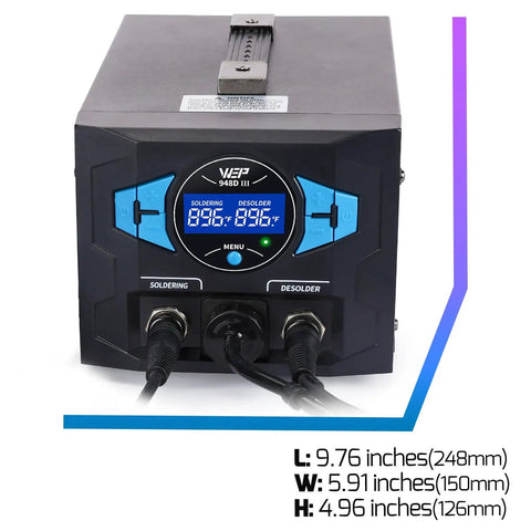 Front view of Upgraded 2 In 1 ESD Safe Soldering Desoldering Station with digital display and size dimensions