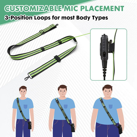 Firefighter Radio Strap And Holder With Reflective Adjustable Shoulder Mic Clip For Walkie Talkie And Two Way Radio, adjustable fit shown.