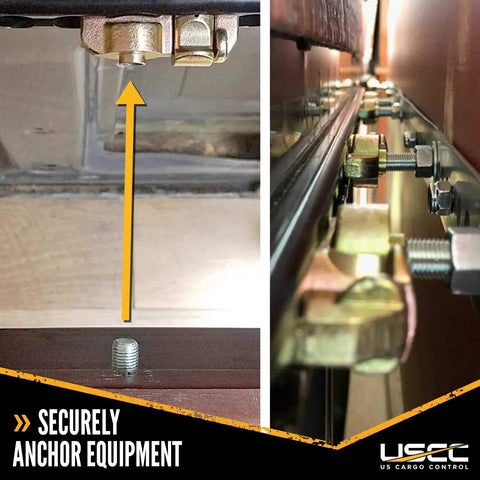 Heavy Duty L Track Double Stud Fitting With Bolt Thread For Pickup Truck And Trailer Instant Tie Down Anchor Points 1333 Pound Working Load Limit 4 Pack close-up view of fitting securing an anchor point.