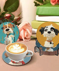 Dog Diamond Art Coaster Kit For Beginners With Holder DIY 8 Pack Diamond Painting Coasters Set Includes Cork Bases Diamonds Pen Glue Tray And Bonus Extra Diamonds For Easy Creative Crafting showing finished coasters with floral decor and a cup on one.