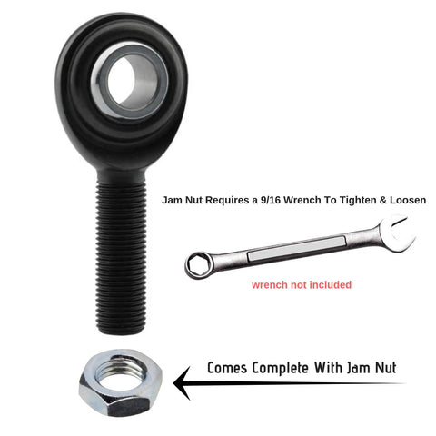 Beefy 3/8 Male Left Hand Rod End With Jam Nut Alloy Steel Heim Joint 52100 Ball Bearing Heat Treated Black Oxide Coating close-up view