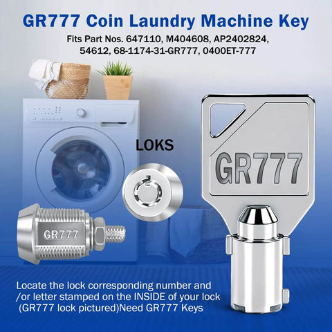 GR777 coin laundry machine key set with washing machine background and lock components