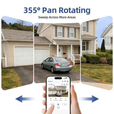 Wireless Outdoor Security Camera Set With 355 Degree Pan 2K Color Night Vision Battery Powered WiFi Enabled Motion Detection showcased with phone control
