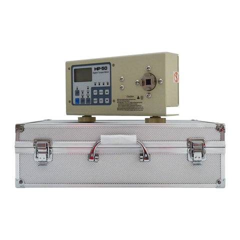Smart Torque Tester For Bottle Lid Torsion Meter With Digital Peak Measurement From 0.5 To 45.0 Lbf In, AC 110 To 240V, Electric Wrench Style Tool For Repairing And Precision Torque Calibration, Adjustable Alarm And Multi Unit Readout. Portable digital torque meter on case