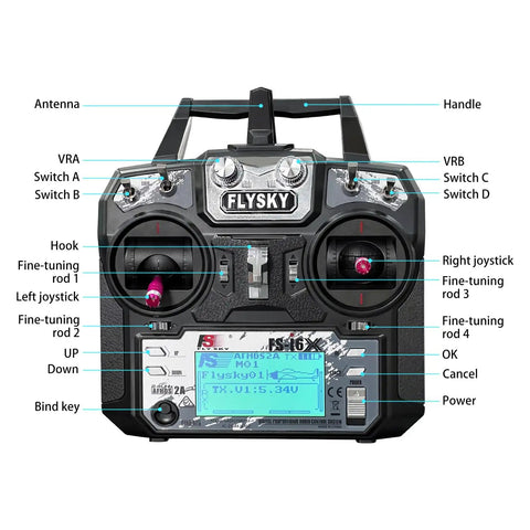 Front view of 10 Channel 2.4GHz RC Transmitter With FS-iA6B Receiver, showing joysticks and controls for drones and vehicles