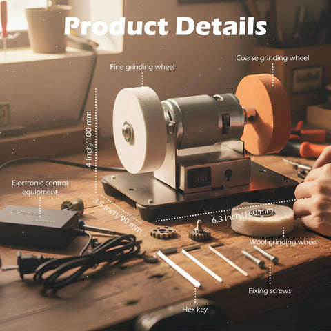 Hella Versatile Mini Bench Grinder Fitted With Three High Speed Buffing Wheels For Razor Knife Sharpening And Spotless Metal Polish on a workbench.