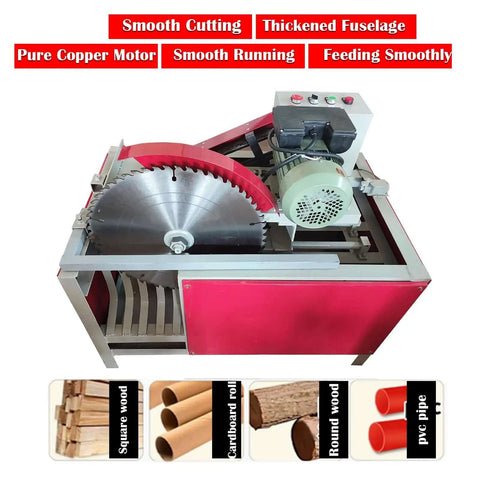 Heavy Duty Automatic Wood Cutting Saw With Pro Grade Alloy Blade Compact Shop Log Cutter For Slick Lumber Splitting And Precise Board Segments 220V 3000W Motor close-up of steel cutting blade and motor.
