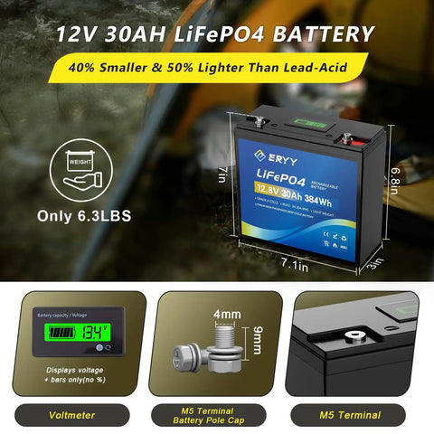 No Sweat 12V 30Ah LiFePO4 Lithium Battery With 30A BMS And LCD Meter, featuring voltmeter and M5 terminal, lightweight design.