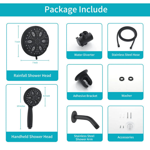 High Pressure Handheld Shower Head With 8 Settings, Rainfall head, adhesive bracket, 78-inch hose, wall mount, matte black finish