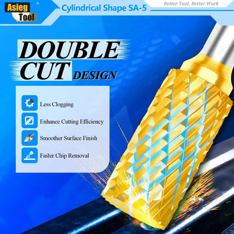 Close-up of TiN-coated double cut burr from Five Piece Tungsten Carbide Burr Set TiN Coated Double Cut Cylindrical For Die Grinder Bits 1/4 Inch Shank 1/2 Inch Cutter 1 Inch Cutter Length Built For Metalworking Woodworking Deburring And Porting