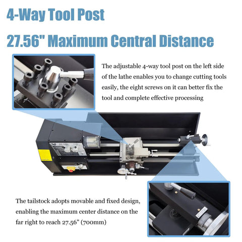 Badass Heavy Duty Precision Metal Workshop Bench Lathe With 10.2 Inch Swing And 27.6 Inch Capacity featuring adjustable 4-way tool post.