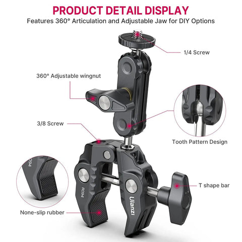 Rock-Solid Pro Grade Camera Clamp Mount with 360 Degree Ballhead, Magic Arm, and Double Ball Head Adapter detail view