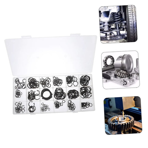 225 Piece Carbon Steel C Shaped Retaining Clip Assortment Kit External Snap Rings For Shafts And Axles displayed in a box