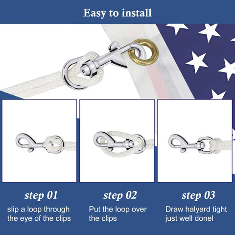Rugged Nylon Flag Pole Rope Kit 50 Feet Long One Quarter Inch Diameter With Four Swivel Snap Clips, installation instructions view.