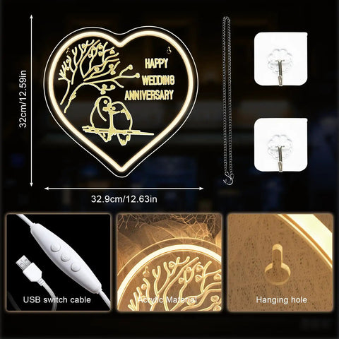 Heart-shaped LED neon sign, "Happy Wedding Anniversary", acrylic material, USB power, hanging holes, size 32.9cm x 32cm.