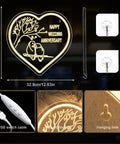 Heart-shaped LED sign with "Happy Wedding Anniversary" text, USB switch, acrylic material, hanging hole, 32.9cm size.