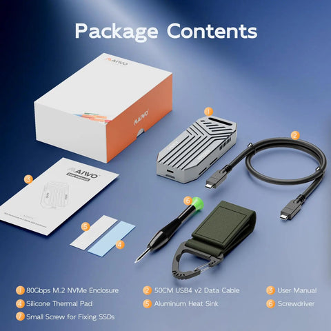 Premium 80Gbps M.2 Nvme Enclosure With Chill Cooling Fan Tool Free Setup For Usb C Thunderbolt 4 package contents including aluminum heat sink.