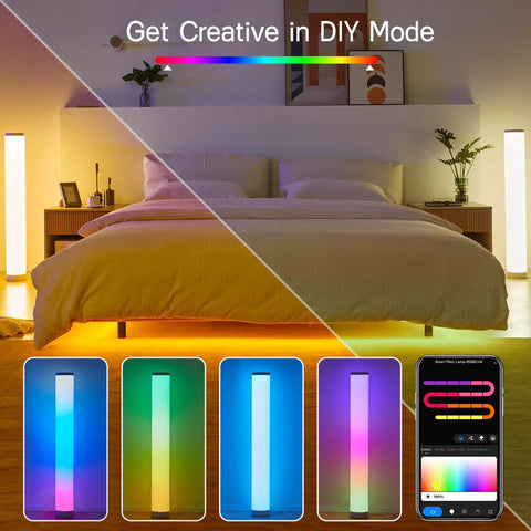 Bedroom scene with Lit RGBIC Color Changing Floor Lamp 2 Pack With WiFi App And Remote, showing vibrant light modes and app interface.