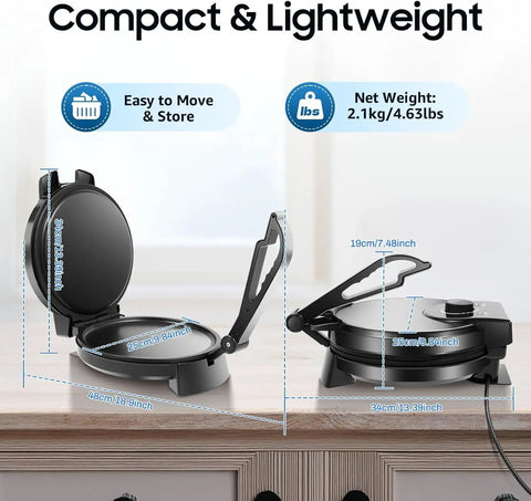 1200W Electric Roti Maker Automatically Presses Chapati Naan And Tortillas Fast Flatbread Cooker dimensions and lightweight design on kitchen counter.