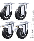 Heavy Duty 5 Inch Caster Wheels Set Of 4 With Dust Proof Rings Locking Swivel Casters 1120 Lbs Capacity Ideal For Workbenches Carts Furniture And Tool Boxes Includes Hardware Kit And Gloves, shown with two locking and two non-locking wheels, hardware, and gloves.